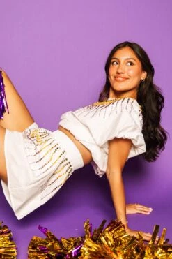 Queen Of Sparkles White Cotton Short With Purple & Gold Burst