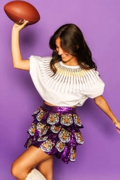Queen Of Sparkles Purple Tiered Sequin Skirt With Tigers