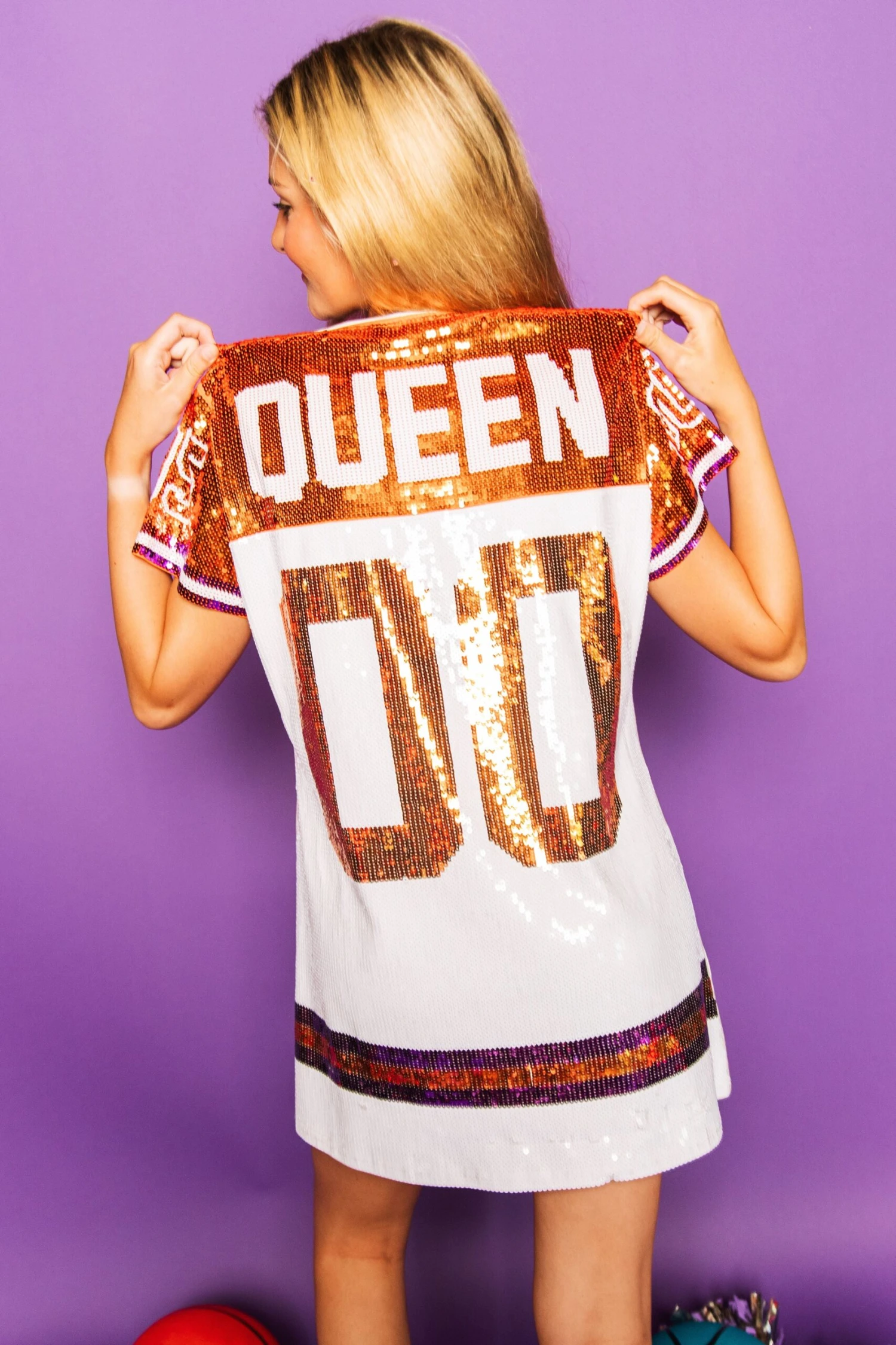 Queen Of Sparkles White, Orange/Purple Full Sequin Jersey Dress 2 Queen Of Sparkles White, Orange/Purple Full Sequin Jersey Dress - Image 2