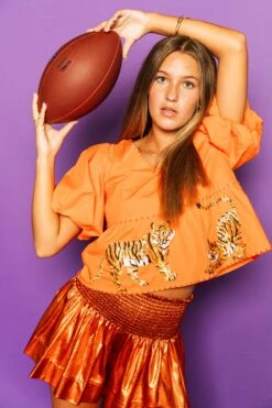 Queen Of Sparkles Orange Peplum Poof Sleeve Top With Tigers
