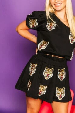 Queen Of Sparkles Black Embellished One Shoulder Top With Tigers -Queen of Sparkles soelstudio QOS Gameday 568