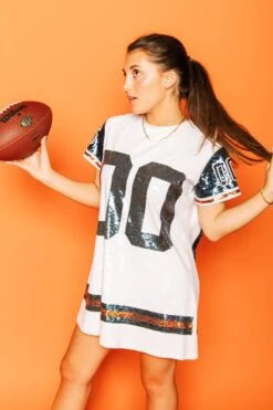 Queen Of Sparkles White, Navy/Orange Full Sequin Jersey Dress