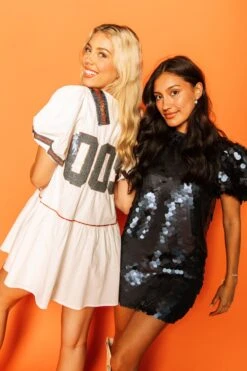 Queen Of Sparkles White, Navy/Orange Poof Sleeve QOS Jersey Dress -Queen of Sparkles soelstudio QOS Gameday 609