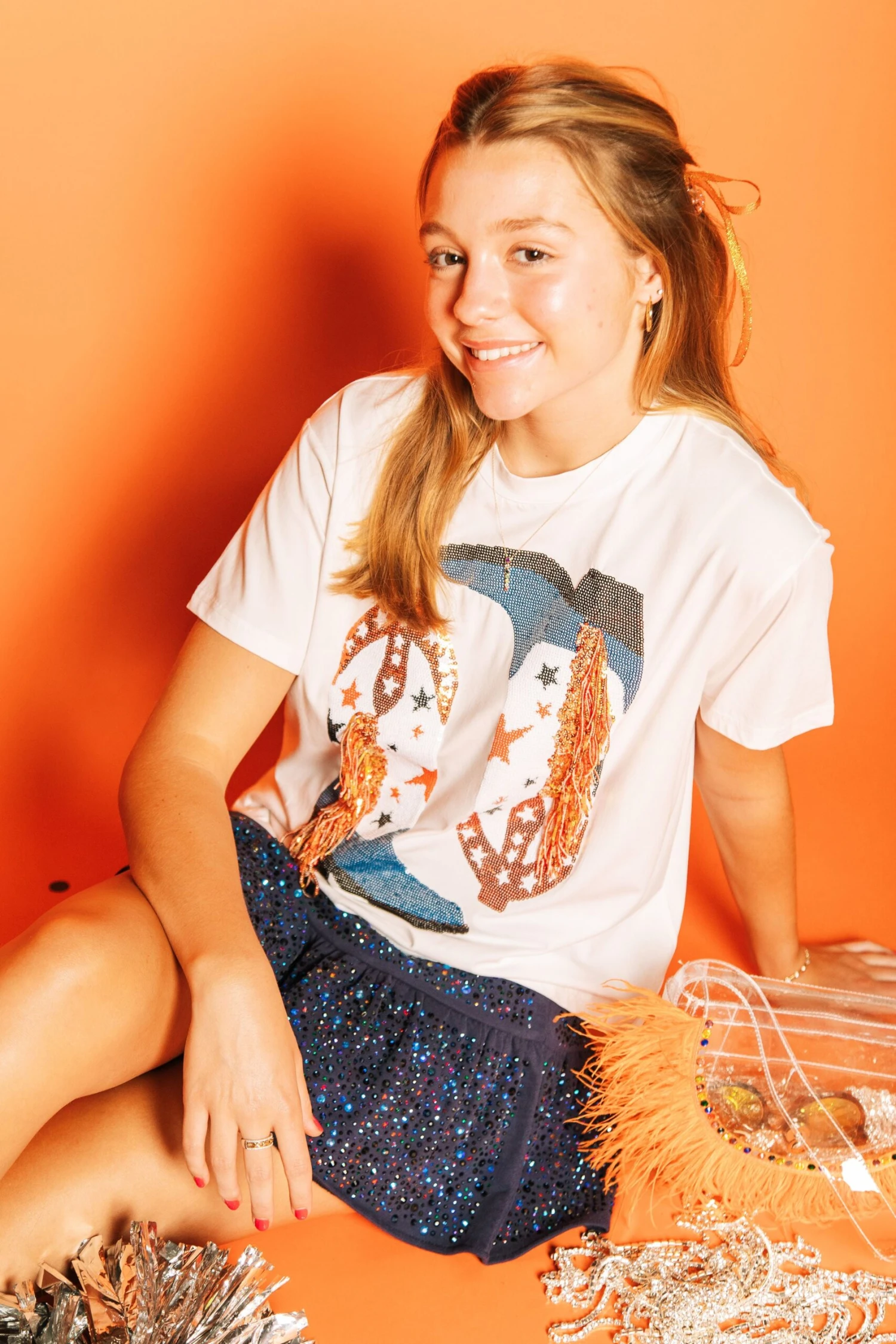 Queen Of Sparkles Navy & Orange Fringe Boot Tee 3 Queen Of Sparkles Navy & Orange Fringe Boot Tee - Image 3