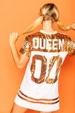 Queen Of Sparkles Bright Orange & White Full Sequin Jersey Dress 5 Queen Of Sparkles Bright Orange & White Full Sequin Jersey Dress -Queen of Sparkles soelstudio QOS Gameday 642