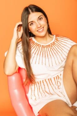 Queen Of Sparkles White Cotton Bubble Top With Orange Burst -Queen of Sparkles soelstudio QOS Gameday 664