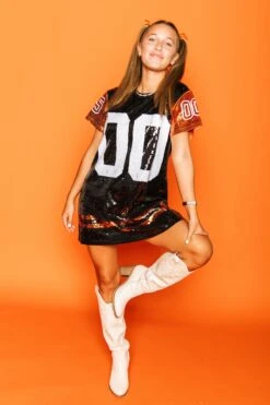Queen Of Sparkles Black & Orange Full Sequin Jersey Dress 6 Queen Of Sparkles Black & Orange Full Sequin Jersey Dress -Queen of Sparkles soelstudio QOS Gameday 695
