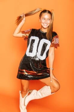 Queen Of Sparkles Black & Orange Full Sequin Jersey Dress