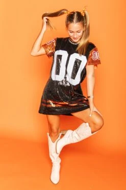 Queen Of Sparkles Black & Orange Full Sequin Jersey Dress 7 Queen Of Sparkles Black & Orange Full Sequin Jersey Dress -Queen of Sparkles soelstudio QOS Gameday 697