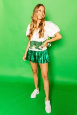 Queen Of Sparkles White Peplum Poof Sleeve Top With Alligators -Queen of Sparkles soelstudio QOS Gameday 811 1