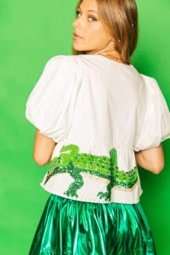 Queen Of Sparkles White Peplum Poof Sleeve Top With Alligators -Queen of Sparkles soelstudio QOS Gameday 813