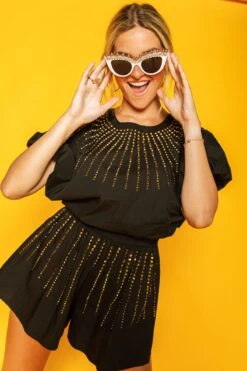 Queen Of Sparkles Black Cotton Short W/ Gold Burst -Queen of Sparkles soelstudio QOS Gameday 971 d31511d0 3505 4671 89c2 a27b5d595250