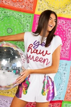 Queen Of Sparkles White Horse Head Fringe Side Shorts