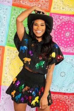 Queen Of Sparkles Black & Rainbow Horse Cotton Short