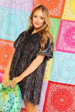 Queen Of Sparkles Black Rainbow Tinsel Sequin Sleeve Tier Dress -Queen of Sparkles soelstudio QOS Rodeo 282