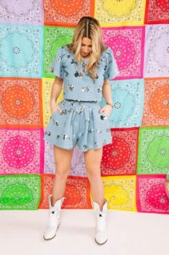 Queen Of Sparkles Denim & Silver Paillette Flutter Top -Queen of Sparkles soelstudio QOS Rodeo 287