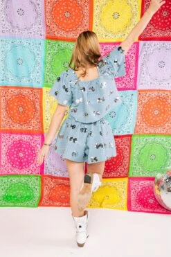 Queen Of Sparkles Denim & Silver Paillette Flutter Top -Queen of Sparkles soelstudio QOS Rodeo 289