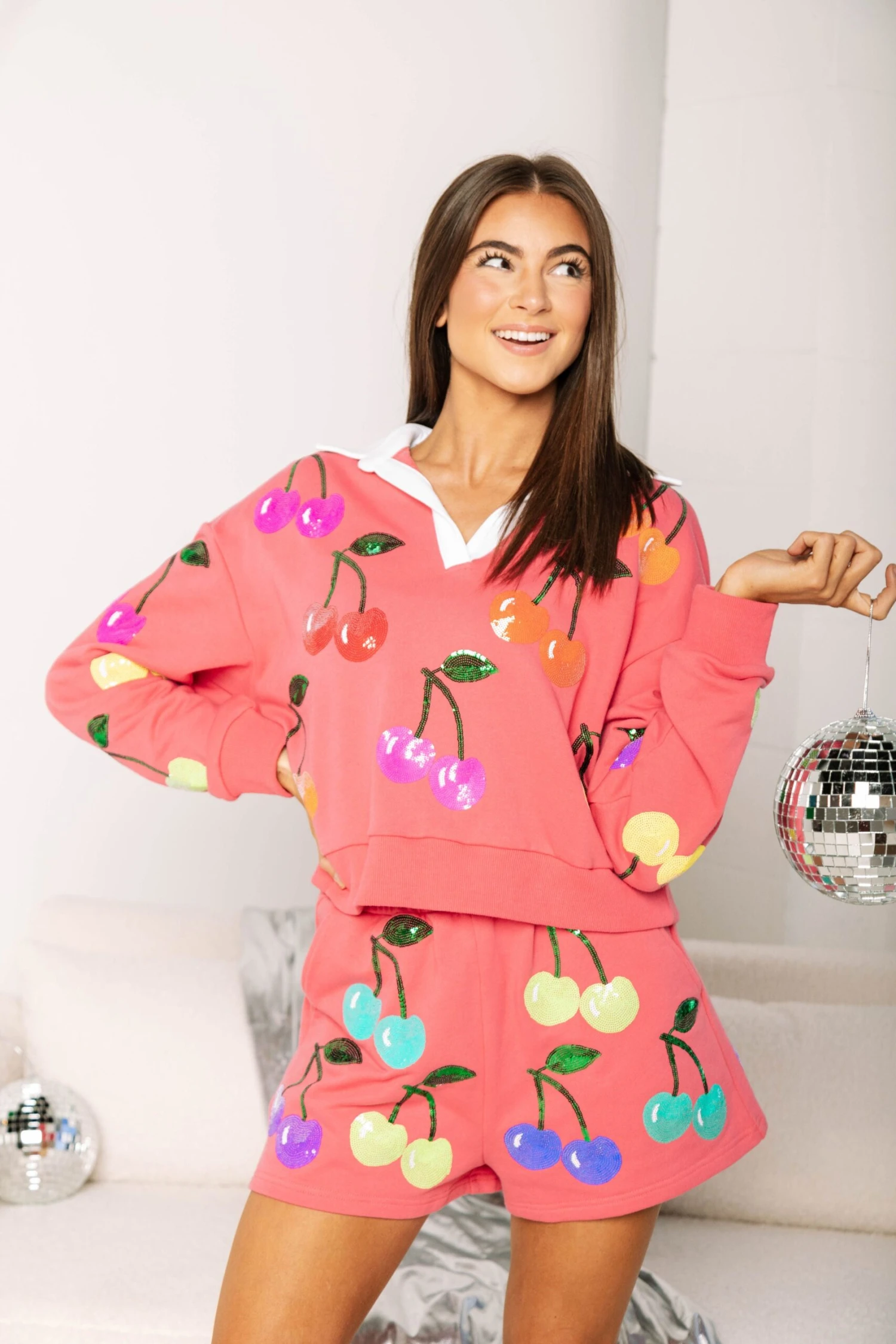 Queen Of Sparkles Bright Pink Rainbow Cherry Polo Sweatshirt 3 Queen Of Sparkles Bright Pink Rainbow Cherry Polo Sweatshirt - Image 3