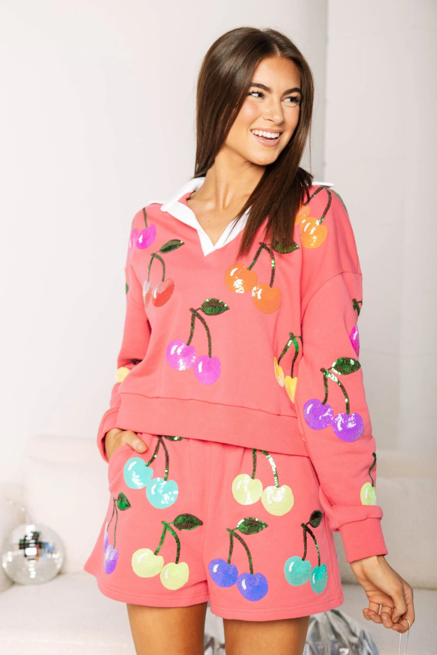 Queen Of Sparkles Bright Pink Rainbow Cherry Polo Sweatshirt 1 Queen Of Sparkles Bright Pink Rainbow Cherry Polo Sweatshirt