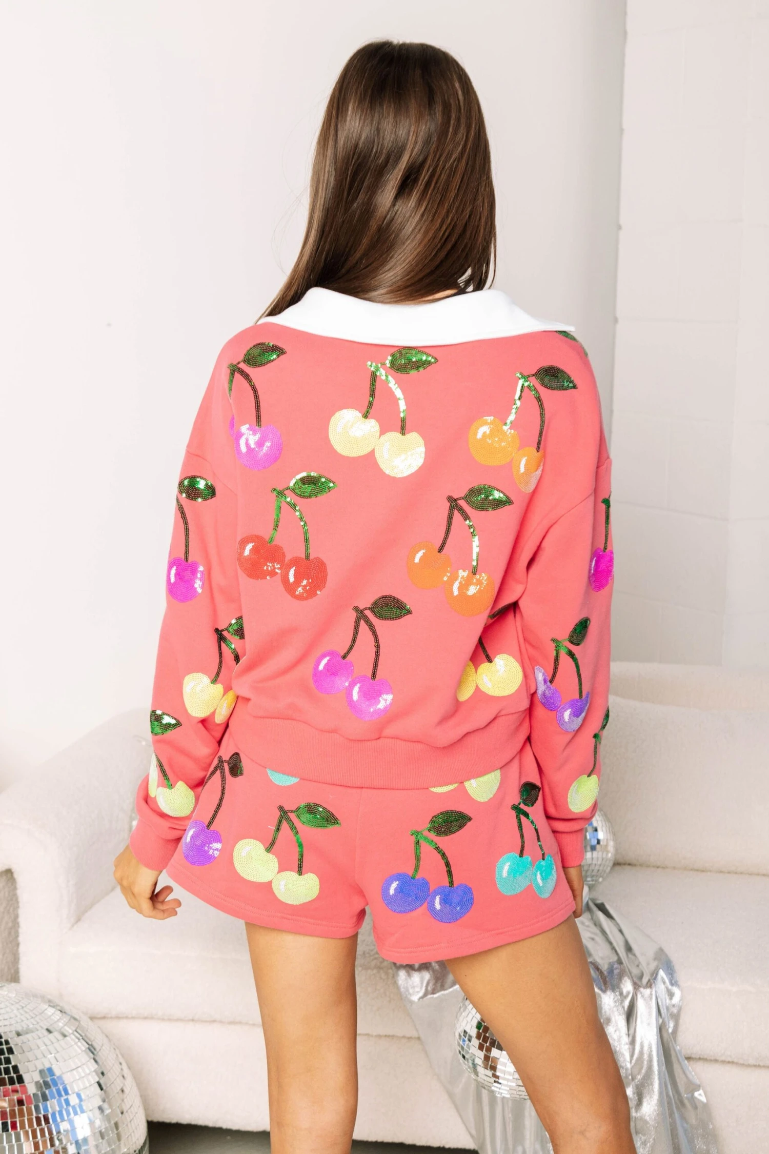 Queen Of Sparkles Bright Pink Rainbow Cherry Polo Sweatshirt 2 Queen Of Sparkles Bright Pink Rainbow Cherry Polo Sweatshirt - Image 2