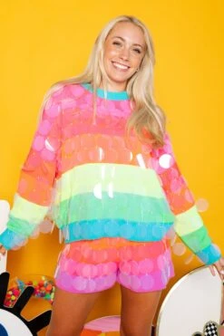 Queen Of Sparkles Neon Stripe Clear Sequin Sweater