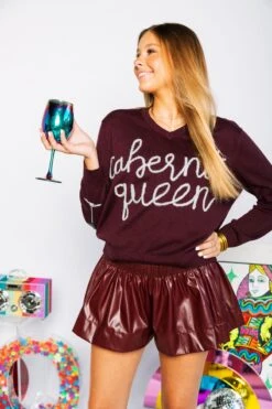 Queen Of Sparkles Maroon Leather Swing Shorts -Queen of Sparkles soelstudio QOSAug 326
