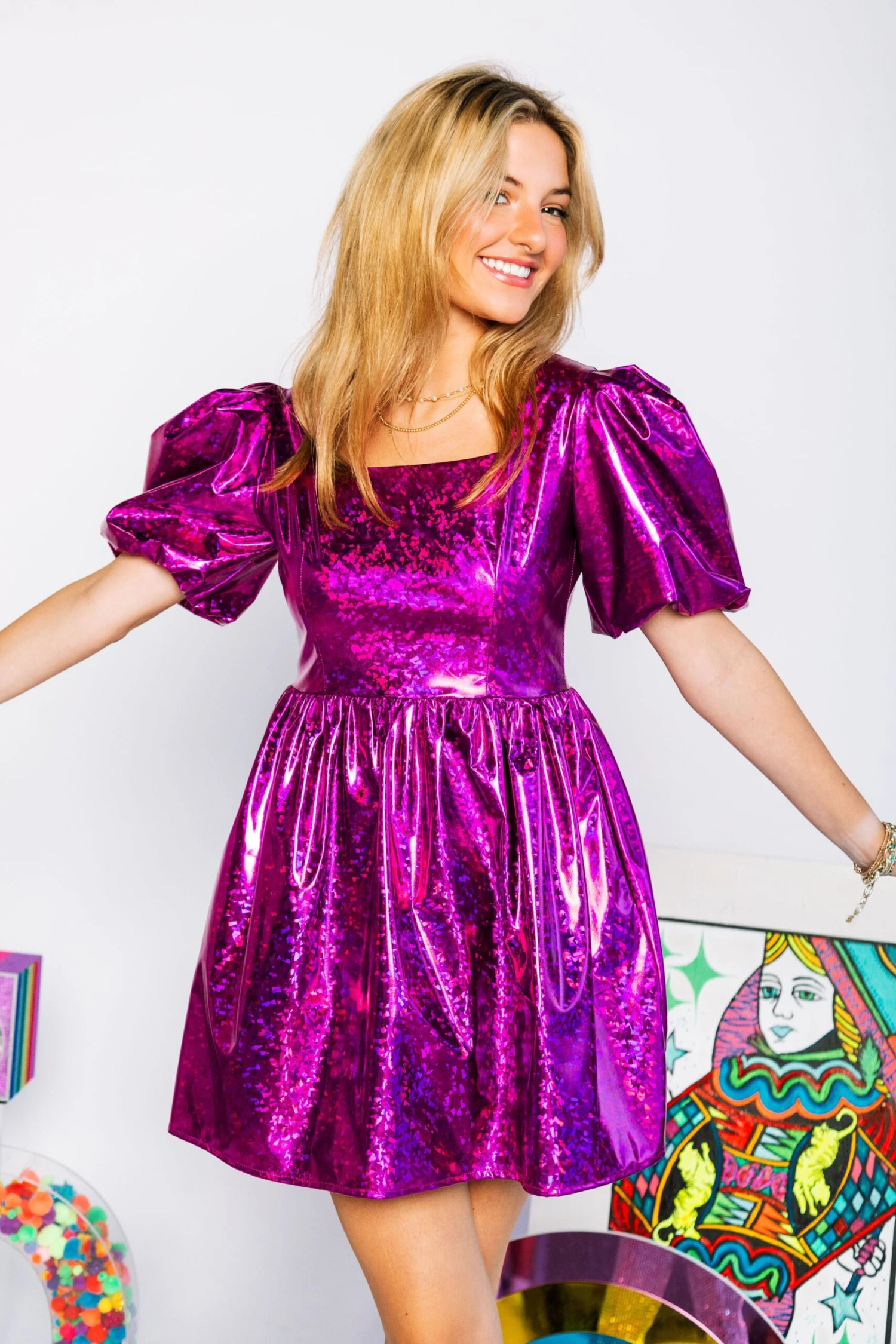 Queen Of Sparkles Purple Holographic Poof Sleeve Dress 4 Queen Of Sparkles Purple Holographic Poof Sleeve Dress - Image 4