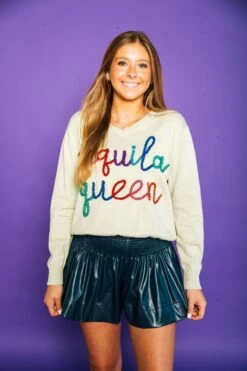 Queen Of Sparkles Navy Leather Swing Shorts