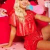 Queen Of Sparkles Red Glitter Hearts Flutter Top