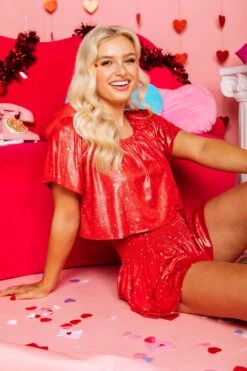 Queen Of Sparkles Red Glitter Hearts Flutter Top