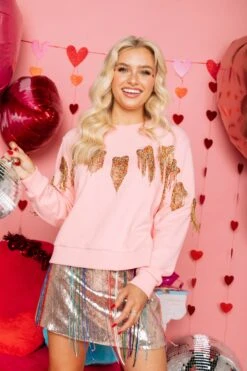 Queen Of Sparkles Pink Fringe Heart Sweatshirt -Queen of Sparkles soelstudio QOSDEC 198