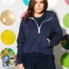 Queen Of Sparkles Plain Navy Rhinestone Half Zip Sweatshirt
