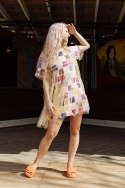 Queen Of Sparkles Tan Mesh Overlay Rainbow Square Dress -Queen of Sparkles soelstudio QOSFEB2023 322