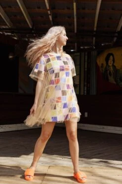 Queen Of Sparkles Tan Mesh Overlay Rainbow Square Dress