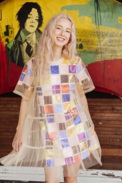 Queen Of Sparkles Tan Mesh Overlay Rainbow Square Dress -Queen of Sparkles soelstudio QOSFEB2023 328