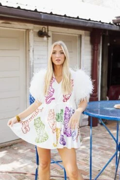 Queen Of Sparkles Rainbow Tigers Feather Sleeve Dress