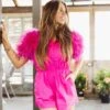 Queen Of Sparkles Hot Pink Feather Sleeve Romper