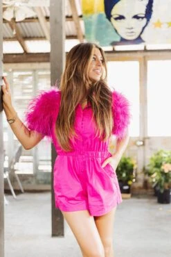 Queen Of Sparkles Hot Pink Feather Sleeve Romper