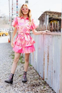 Queen Of Sparkles Neon Pink Iridescent Collar Dress -Queen of Sparkles soelstudio QOSFEB2023 359