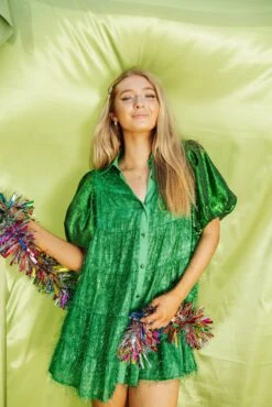 Queen Of Sparkles Green Tinsel Sequin Sleeve Dress -Queen of Sparkles soelstudio QOSFEB2023 604