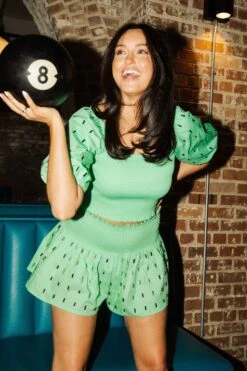 Queen Of Sparkles Mint Cotton Rhinestone Smocked Top