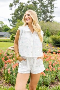 Queen Of Sparkles White Checker Paillette Collar Top