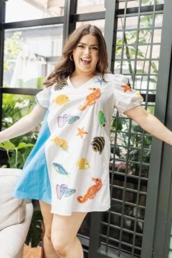 Queen Of Sparkles White & Blue Fish Poof Sleeve Dress