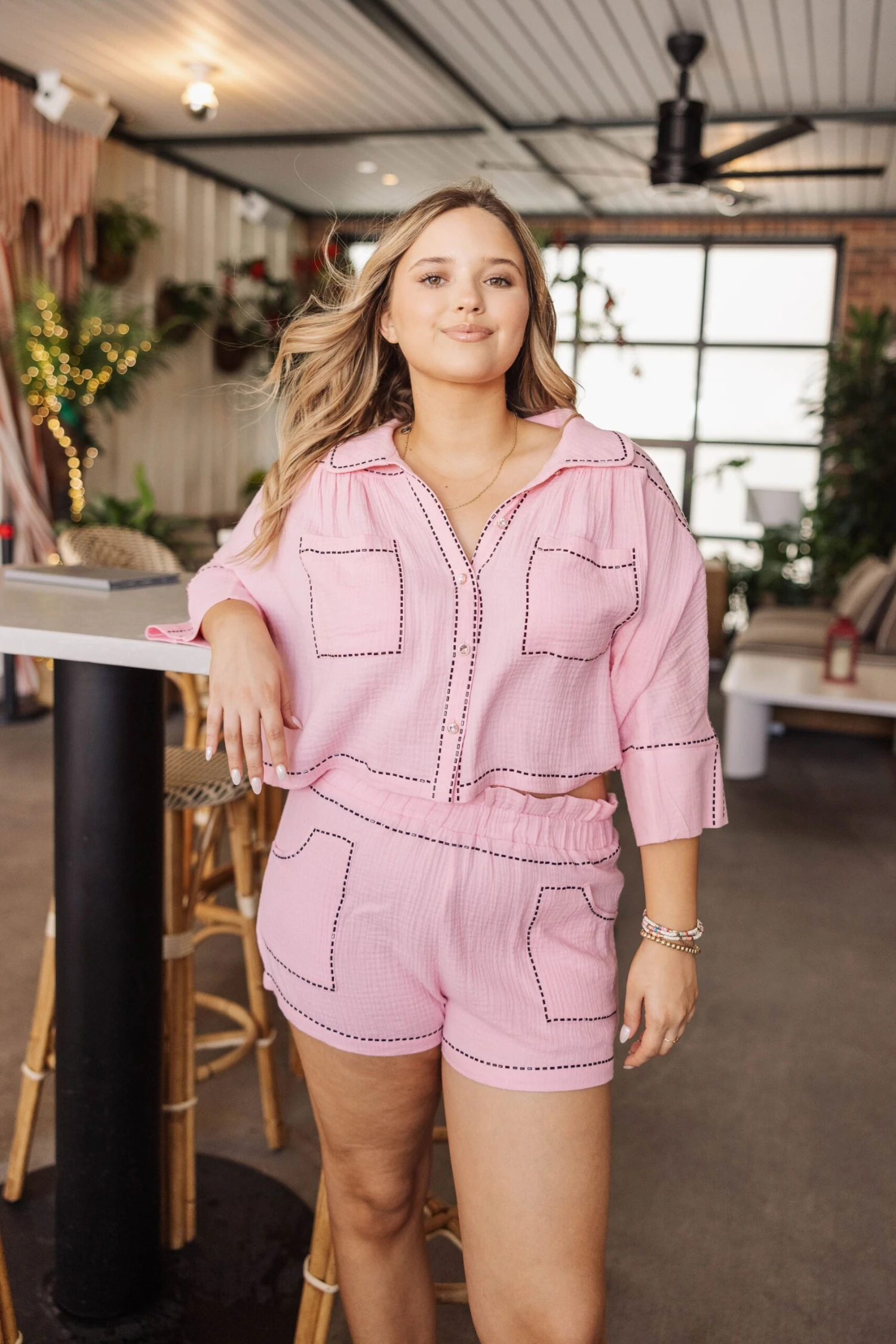 Queen Of Sparkles Light Pink & Black Gauze Rhinestone Trim Short 2 Queen Of Sparkles Light Pink & Black Gauze Rhinestone Trim Short - Image 2