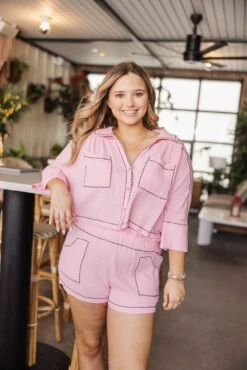 Queen Of Sparkles Light Pink & Black Gauze Rhinestone Trim Short