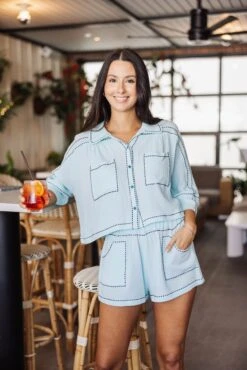 Queen Of Sparkles Light Teal & Black Gauze Rhinestone Trim Short -Queen of Sparkles soelstudio QOSMAY2023 417 a4bd5195 015e 4e40 9dbc aed1d77f94b3