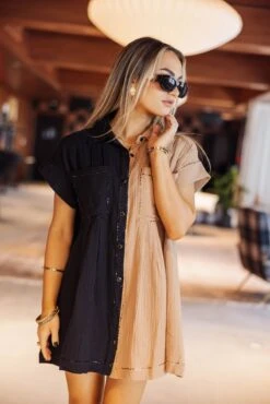 Queen Of Sparkles Black & Tan Gauze Button Down Dress