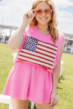 Neon Pink American Flag Sweater Tank -Queen of Sparkles soelstudio QOSMAY2023 524
