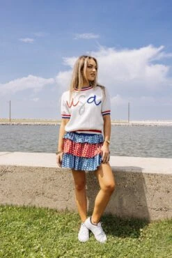 Queen Of Sparkles USA Glitter Script Short Sleeve Sweater -Queen of Sparkles soelstudio QOSMAY2023 551