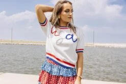 Queen Of Sparkles USA Glitter Script Short Sleeve Sweater -Queen of Sparkles soelstudio QOSMAY2023 552